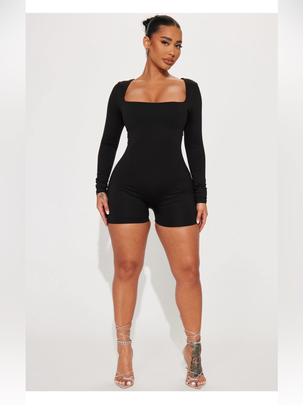 Fashion Nova Black Long Sleeve Square Neck Bodysuit Romper